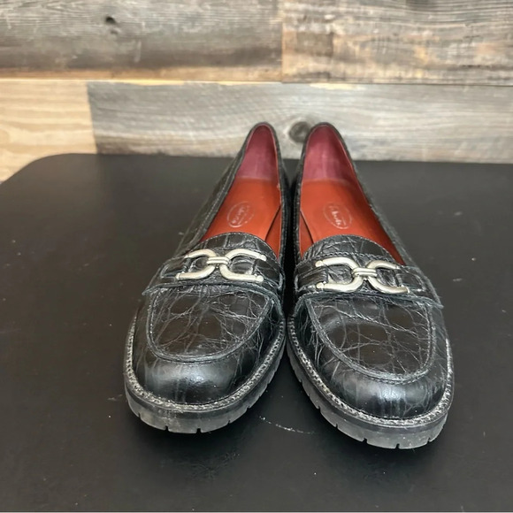 Talbots Women's Loafer Size 9 AA Slip On Flats Black Croc Buckle Strap Leather - Picture 4 of 9